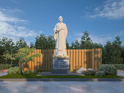 Tall Ancient Scholar Statue With Stone Base Wooden Fence Surrounding Trees And Blue Sky 3d model