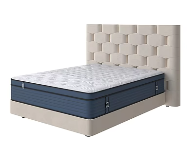 Double Bed with Beige Tufted Headboard White Textured Mattress and Navy Blue Frame 3d model