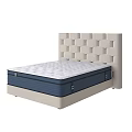 Double Bed with Beige Tufted Headboard White Textured Mattress and Navy Blue Frame