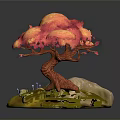 Pink Blooming Arbor Tree With Yellow Base And White Stone Decorative Details