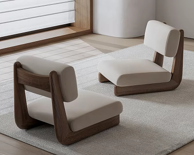 Pair of Modern Leisure Chairs With Wooden Frame And Light Upholstered Seats On Neutral Rug 3d model