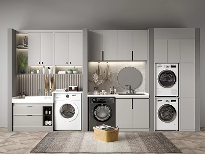 Modern Bathroom Cabinet Rack With Washing Machine Dryer Sink And Mirror Storage 3d model