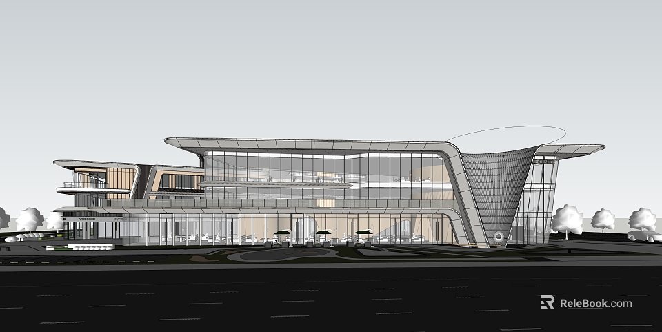 Modern Streamlined Architectural Building With Glass Curtain Walls And Large Windows 3d model 
