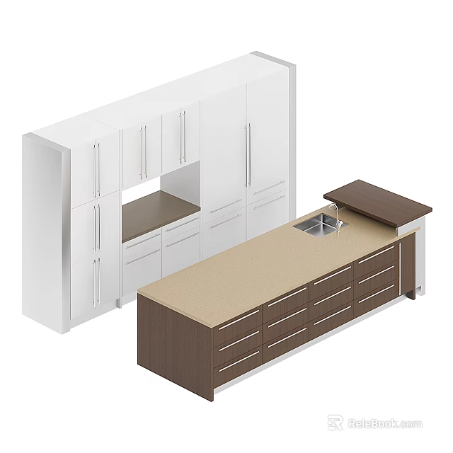 Modern Kitchen Cabinets With White Upper Brown Lower Drawers And Beige Sink Countertop 3d model 