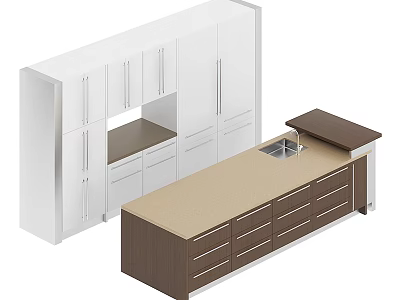 Modern Kitchen Cabinets With White Upper Brown Lower Drawers And Beige Sink Countertop 3d model