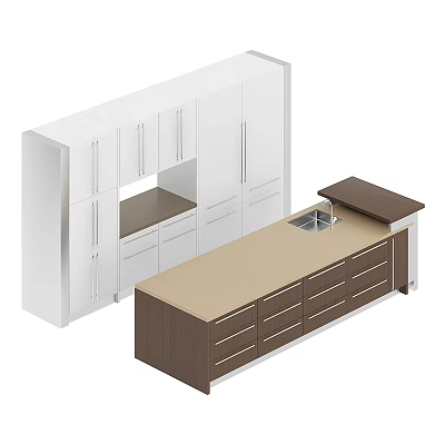 Modern Kitchen Cabinets With White Upper Brown Lower Drawers And Beige Sink Countertop 3d model