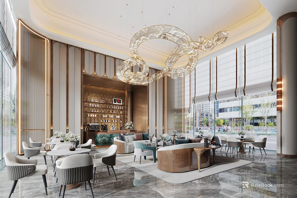 Elegant Modern Sales Office Interior With Crystal Chandelier Comfortable Seating Display Area And Large Windows 3d model 