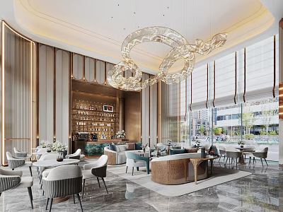 Elegant Modern Sales Office Interior With Crystal Chandelier Comfortable Seating Display Area And Large Windows 3d model
