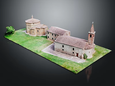 European Architecture Model With Tower Red Tiled Roofs Stone Walls And Green Lawn 3d model