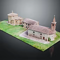 European Architecture Model With Tower Red Tiled Roofs Stone Walls And Green Lawn
