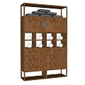Chinese Antique Wooden Display Shelf with Circular Medallion Black Slate Top and White Ceramic Ornaments