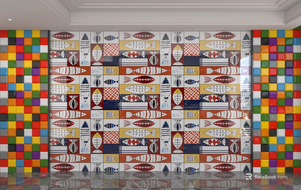 Colorful Background Wall With Central Fish Shapes And Mosaic Style Side Squares 3d model 