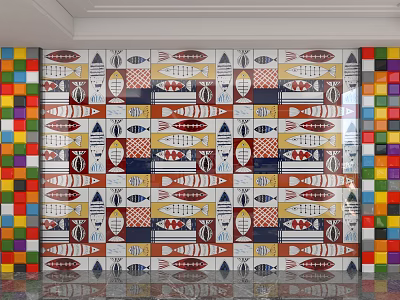 Colorful Background Wall With Central Fish Shapes And Mosaic Style Side Squares 3d model