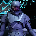Dynamic Warrior Sculptures in Armor with Blue Light Spots and Wave Background