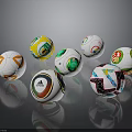 Colorful Soccer Balls With Diverse Patterns And Brand Logos On Reflective Surface
