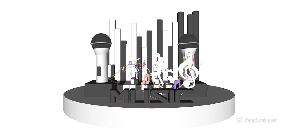 Modern Music Display Design Featuring Decorative Microphones Colorful Musical Notes and Platform 3d model 