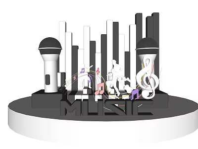 Modern Music Display Design Featuring Decorative Microphones Colorful Musical Notes and Platform 3d model