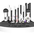 Modern Music Display Design Featuring Decorative Microphones Colorful Musical Notes and Platform