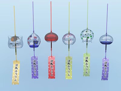 Colorful Japanese Style Hanging Wind Chimes With Glass Balls And Decorative Tags 3d model