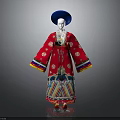 Traditional Red Embroidered Robe Costume With Blue Hat And Colorful Decorative Trim