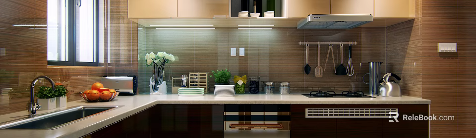 Modern Kitchen Featuring Sleek Cabinets Countertop Plates Green Plants And Vase 3d model 