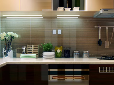 Modern Kitchen Featuring Sleek Cabinets Countertop Plates Green Plants And Vase 3d model