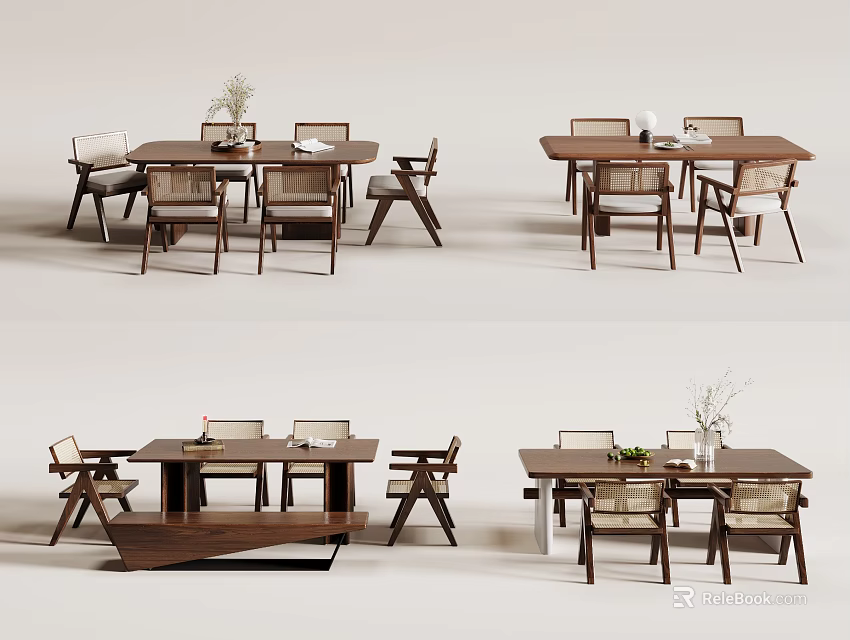 Modern Wooden Dining Table Set With Matching Chairs And Decorative Plants 3d model
