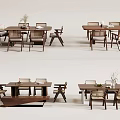 Modern Wooden Dining Table Set With Matching Chairs And Decorative Plants 3d model