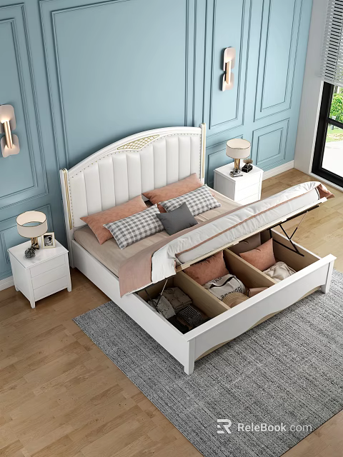 White Upholstered Double Bed With Gold Accent Headboard Blue Wall Background And Storage Drawers 3d model 