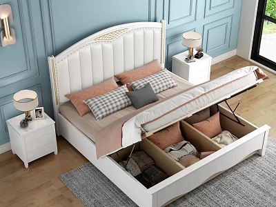 White Upholstered Double Bed With Gold Accent Headboard Blue Wall Background And Storage Drawers 3d model