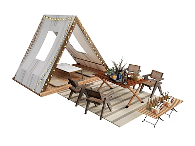 Outdoor Camping Table And Chair Set With Gray Triangular Tent And Decorative Plants 3d model