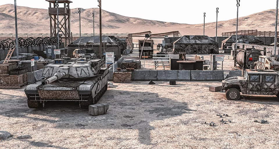 Military Training Base in Desert With Watchtower Tanks Military Vehicles and Mountains 3d model 