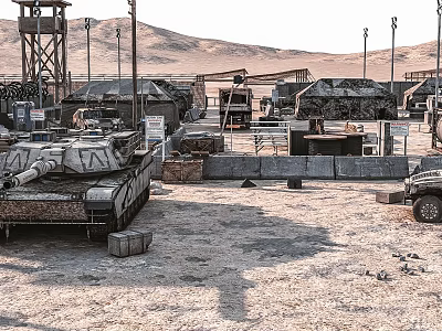 Military Training Base in Desert With Watchtower Tanks Military Vehicles and Mountains 3d model