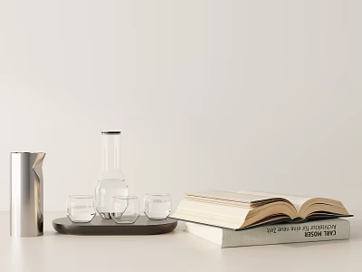 Open Book Display With Glassware And Metal Pitcher 3d model