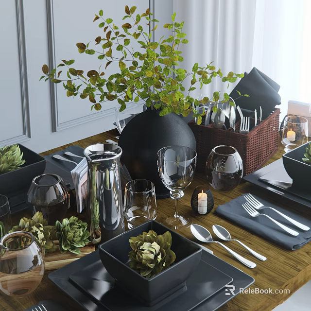Stylish Modern Tableware Set With Glasses Utensils Black Bowls Green Plants Candle On Wooden Table 3d model 