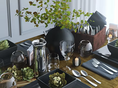 Stylish Modern Tableware Set With Glasses Utensils Black Bowls Green Plants Candle On Wooden Table 3d model