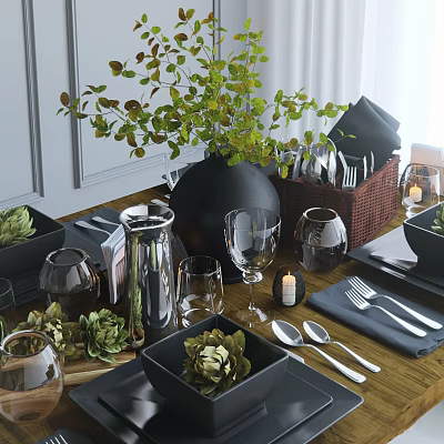 Stylish Modern Tableware Set With Glasses Utensils Black Bowls Green Plants Candle On Wooden Table 3d model
