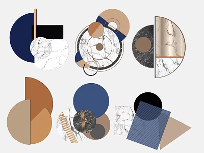 Geometric Wall Decor with Marble Texture and Colorful Circular Semi circular Shapes in Blue Brown Black 3d model