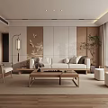 Modern Minimalist Living Room With Light Sofa Wooden Coffee Table Floor Lamp And Green Plant