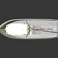 Green White Fishing Boat with Upper Cabin Masts Antennas and Red White Stripes