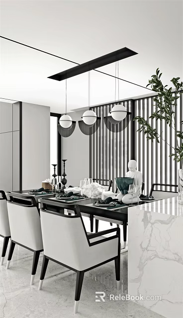 Modern Dining Table Set With Chairs Tableware Decorations Pendant Lights Sliding Blinds And Plants 3d model
