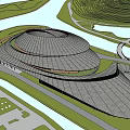 Modern Sales Office Building With Sleek Curved Roof And Waterfront Green Landscape