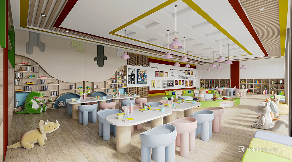 Modern Kindergarten Interior With Colorful Furniture Bookshelves And Playful Decor 3d model 