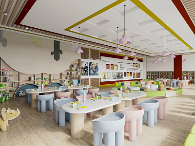 Modern Kindergarten Interior With Colorful Furniture Bookshelves And Playful Decor 3d model
