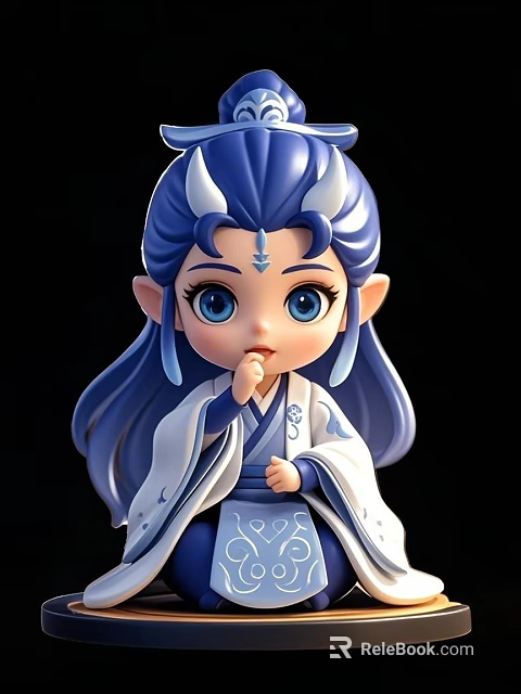 Cute Game Movie Character With Blue Hair Horns Elf Ears And Traditional White Blue Outfit 3d model 