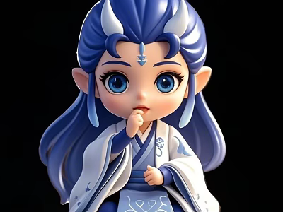 Cute Game Movie Character With Blue Hair Horns Elf Ears And Traditional White Blue Outfit 3d model