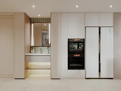 Modern Entryway Hallway Interior With White Storage Cabinets Wall Mirror And Recessed Lighting 3d model