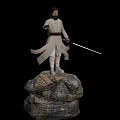 Iconic Star Wars Film Character Luke Skywalker In White Robe Holding Green Lightsaber On Rock