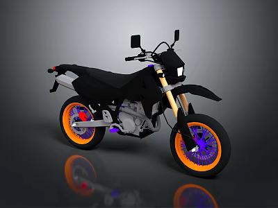 Stylish Black Motorcycle With Orange Rims Purple Accents And Reflective Surface Design 3d model