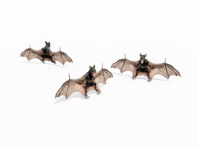 Three Flying Bats in Mid Air with Spread Wings and Natural Flight Posture 3d model